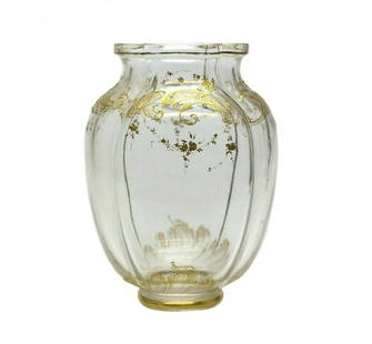 Continental Gilt Glass Vase, 19th Century: 19th Century Continental hand delicately decorated raised floral golden, glass vase Art. Mark. Weight 5.5 pounds. Measurements: Approx. 7.5 inches x 6 inches x 9.5 inches Domestic Shipping: $50