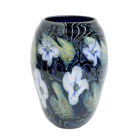 Charles Lotton American Multi Flora Studio Art Glass Vase Blue Flowers 1989