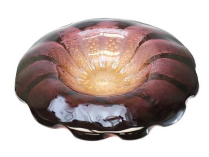 Amethyst Controlled Bubble Glass Bowl,  Barovier: Amethyst purple to amber gold art glass controlled bubble footed bowl. Amethyst purple to the edges of the bowl that transitions of gold flecks to the center. Unmarked, but attributed to Ercole Barovi