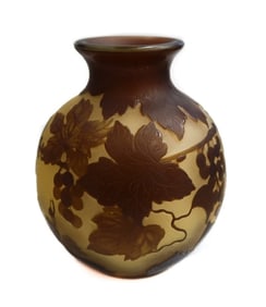 Emile Galle France Cameo Acid Etched Yellow and Brown Glass Vase Signed c1900