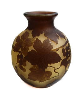 Emile Galle France Cameo Acid Etched Yellow and Brown Glass Vase Signed c1900: Emile Galle France cameo acid etched yellow and brown round glass vase, circa 1900. A peach/yellow ground with acid etched brown grapevines to exterior. Marked "Galle" towards base. Weight: Approx. 1.
