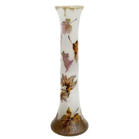 Daum France Acid Etched Cameo and Enameled 20.75 in Tall Vase Leaves c 1900