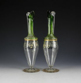 Pair Continental Hand-Blown Green-Clear Glass Handled Ewers c1900, Gilt Accents
