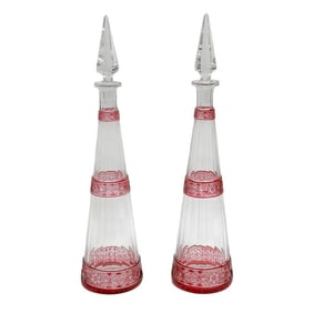 Pair Baccarat Cut Glass Red Cut to Clear Decanters
