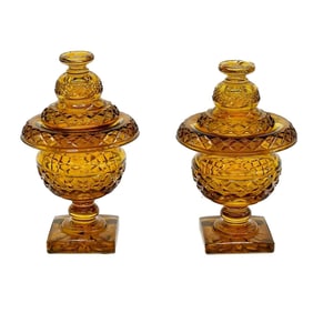 Pair English Amber Cut Glass Lidded Campana Form Urns 19th century