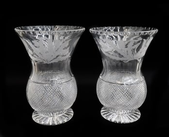 Pair Edinburgh Scotland Crystal Cut Glass 9.25 inch Vases in Thistle