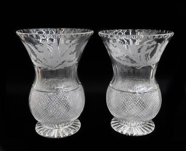 Pair Edinburgh Scotland Crystal Cut Glass 9.25 inch Vases in Thistle: Pair Edinburgh Scotland Crystal cut glass 9.25 inch vases in Thistle. Cut cross hatches etched thistle flowers to circular band. Starburst design to underside. Apparently unmarked. Weight: Approx. 6 l