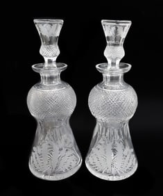 Pair Edinburgh Scotland Crystal Cut Glass Wine Decanters in Thistle