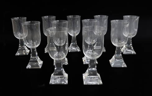 11 Baccarat France Crystal Glass Wine Goblets in Maladetta Signed: 11 Baccarat France crystal glass wine goblets in Maladetta Signed. Square base with a curved ridged stopper to stem. Acid etched Baccarat mark to underside. Weight: Approx. 10 lbs Measurements: Approx