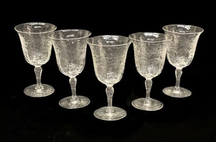 5 Continental Cut Glass Emulating Rock Crystal Wine Goblets, circa 1960