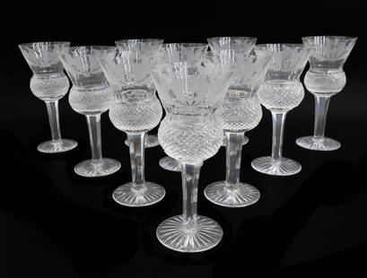 10 Edinburgh Scotland Crystal Cut Glass Water Goblets in Thistle: 10 Edinburgh Scotland Crystal cut glass water goblets in Thistle. Cut cross hatches to circular band and etched thistle flowers towards upper half. Starburst design to underside. Each goblet marked wi