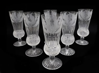 6 Edinburgh Scotland Crystal Cut Glass Champagne Flute Goblets in Thistle