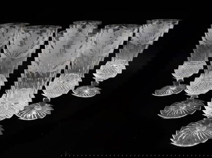 6 Edinburgh Scotland Crystal Cut Glass Champagne Flute Goblets  in Thistle: 6 Edinburgh Scotland Crystal cut glass champagne flute goblets in Thistle. Cut cross hatches to circular band and etched thistle flowers towards upper half. Starburst design to underside. 3 marked Edi