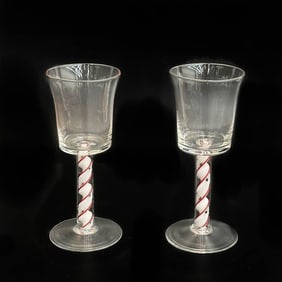 Pair English Air Twist Glass Wine Glasses 18th century Red and White