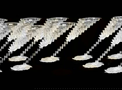 7 Continental Rock Crystal Cut Glass Sherry Wine Goblets: 7 antique Continental rock crystal cut glass sherry wine goblets. Intricate cut swirls throughout. Continental, but likely French. Weight: Approx. 4 lbs.Measurements: Approx. 2.1 inches diameter x 4.5