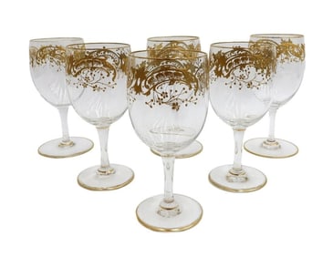 6 Continental Glass and Gilt Wine Goblets Mid Century Leaves and Berries
