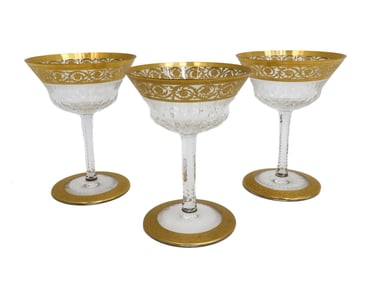 3 Saint (St) Louis France Cut Glass Champagne Saucer Sherbets Gold Thistle