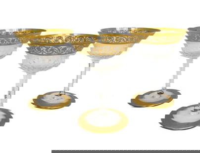 3 Saint (St) Louis France Cut Glass  Champagne Saucer Sherbets Gold Thistle: 3 Saint (St) Louis France cut glass Champagne Saucers or Sherbet goblets in Gold Thistle. Gold encrusted notched foliate scrolls with cut multi-sided exterior. Acid etched St. Louis mark to the unders