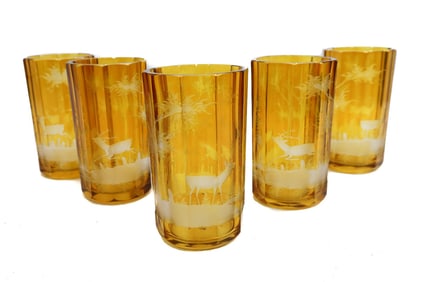 5 Bohemian Amber Cut to Clear Glass Tall Tumblers Fauna Scene circa 1900