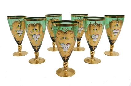 7 Bohemian Green and Gilt Hand Painted Enamel Wine Glass Goblets circa 1960