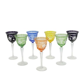 7 Bohemian Cut to Clear Multi Colored Glasses mid century