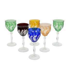 6 Bohemian Cut to Clear Multi Colored Glasses circa 1940