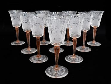 10 Steuben Acid Etched Glass White Wine Goblets in Van Dyke Leaves and Flowers
