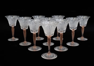10 Steuben Acid Etched Glass Cocktail Wine or Liquor Goblets in Van Dyke