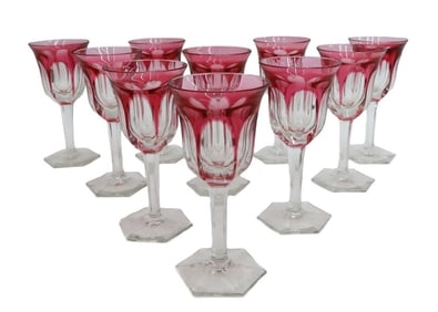 10 Moser Cranberry Red Cut to Clear Cordial Wine Goblets in Pope
