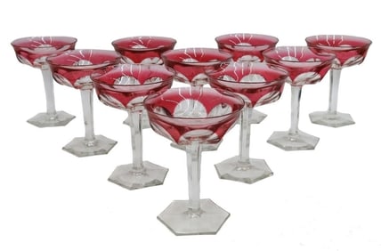 10 Moser Cranberry Red Cut to Clear Champagne Saucers in Pope