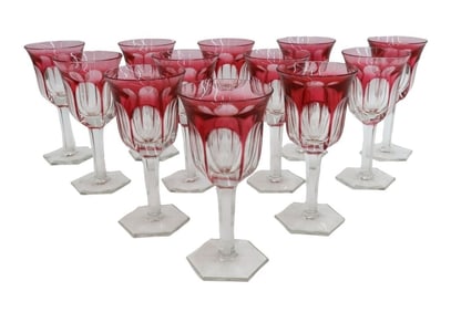 12 Moser Cranberry Red Cut to Clear White Wine Goblets in Pope