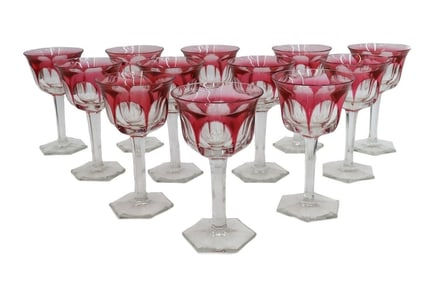 12 Moser Cranberry Red Cut to Clear Cocktail Wine Liquor Goblets in Pope