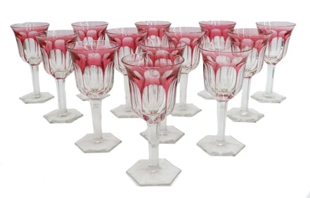13 Moser Cranberry Red Cut to Clear Red Wine Goblets in Pope