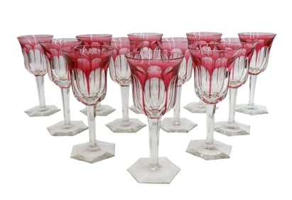 12 Moser Cranberry Red Cut to Clear Water Goblets in Pope