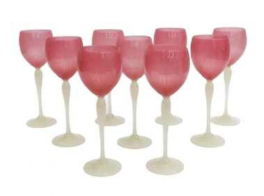 9 Stevens and Williams Rosaline Pink Alabaster White Stem Wine Glasses c1910