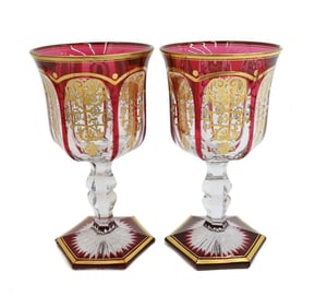 Pair Baccarat France Cranberry to Clear and Gilt Water Glass Goblets in Empire