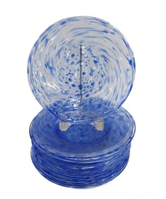 12 American Studio Glass Hand Blown Blue Mottled Luncheon Plates 20th Century