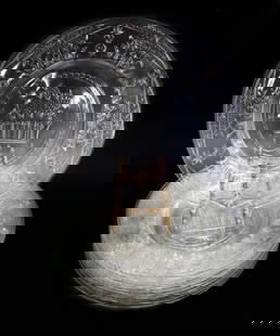 10 English Cut Glass Emulating Rock Crystal 8.75 inch Plates Early 20 Century: 10 English cut glass emulating rock crystal 8.75 inch plates, Early 20 Century. Engraved fruit baskets, and star designs throughout. Weight: Approx. 4 lb Measurements: Approx. 8.75 inches diameter Dom