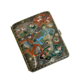 Japanese Cloisonne Enamel Metal Cigarette Case Fans Meiji Period