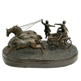Russian Bronze Large Sculpture Men in Horse Drawn Wagon