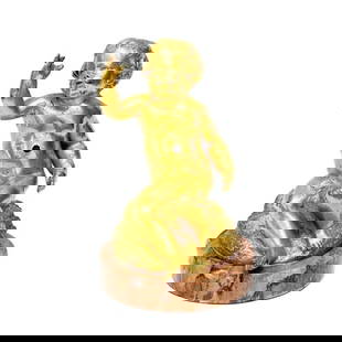 Cold Painted Gilt Bronze Putti Figurine Red Marble Base circa 1900: Cold Painted Gilt Bronze Putti Figurine. Gilt putti with a raised arm, later mounted on a circular red marble base. Bronze circa 1900 Weight Approx., 2 lbs Measures Approx., 3.5 inches diameter x 5.37