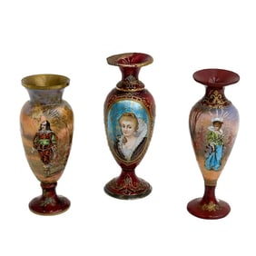 3pc French Enamel Small Vases Portraits circa 1900
