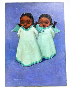 Jose Samano Torres (Mexican 1942 Oil on Canvas Painting of Two Angel Girls