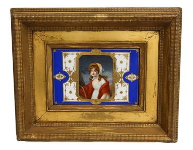 KPM Hand Painted Porcelain Plaque of a Beauty 19th Century Gilt Wood Frame: KPM Hand Painted porcelain plaque of a Beauty 19th Century. KPM hand painted porcelain plaque of a beauty, 4th 19th Century. The porcelain plaque depicts a young beauty wearing a bonnet and shawl. Unu