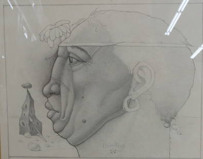 Werner Wildner (German/US 20th C.) Graphite Drawing of a Figure "Primitive": Werner Wilder (German American 1925-2004) graphite on paper drawing, "Primitive". The drawing depicts a profile head of a man wearing a hoop earring and flower with a spear. Signed "Primitive" and art