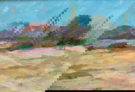 George Kennedy Brandriff (American 1890-1936) Oil on Canvas Desert in Hemet CA: George Kennedy Brandriff (American 1890-1936) oil on canvas, "Desert Green", signed. The landscape portrait scene depicts a desert landscape in Hemet, California. Artist signed "Brandriff" to the lowe
