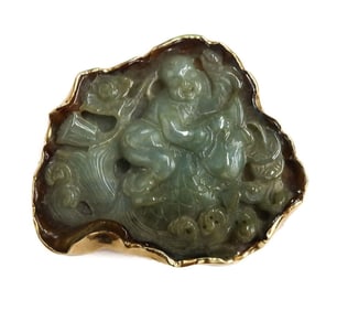 Chinese 14k Yellow Gold and Carved Jade Buddha