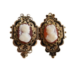 Pair 14k Yellow Gold and Hardstone Cameo Brooches