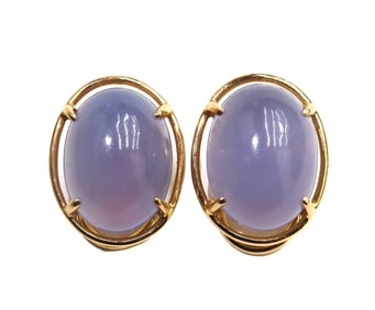 Pair Gump's 14k Yellow Gold Cabochon Blue Chalcedony Clip on Earrings