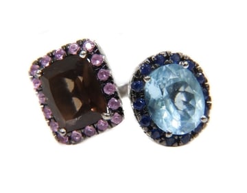 18k White Gold Blue Topaz and Brown Tourmaline Toi et Moi Ring Size 6.5